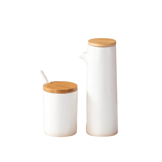 Kit Porta Mantimentos em Cerâmica com Bandeja e Colher de Bambu para Armazenamento