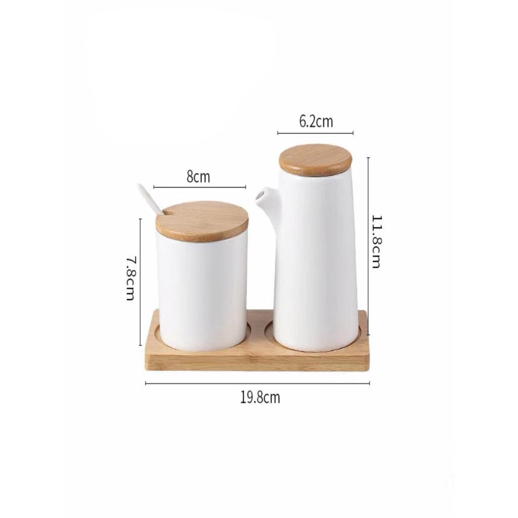 Kit Porta Mantimentos em Cerâmica com Bandeja e Colher de Bambu para Armazenamento
