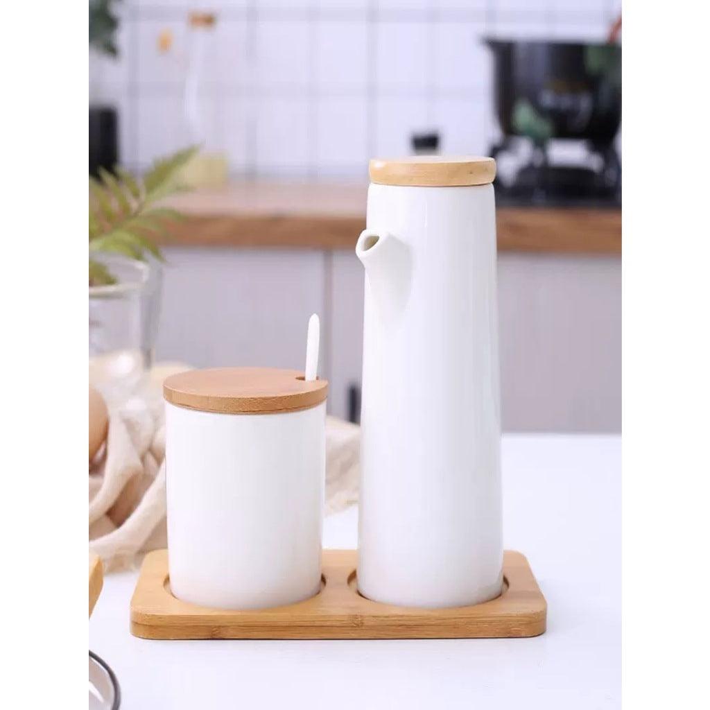Kit Porta Mantimentos em Cerâmica com Bandeja e Colher de Bambu para Armazenamento