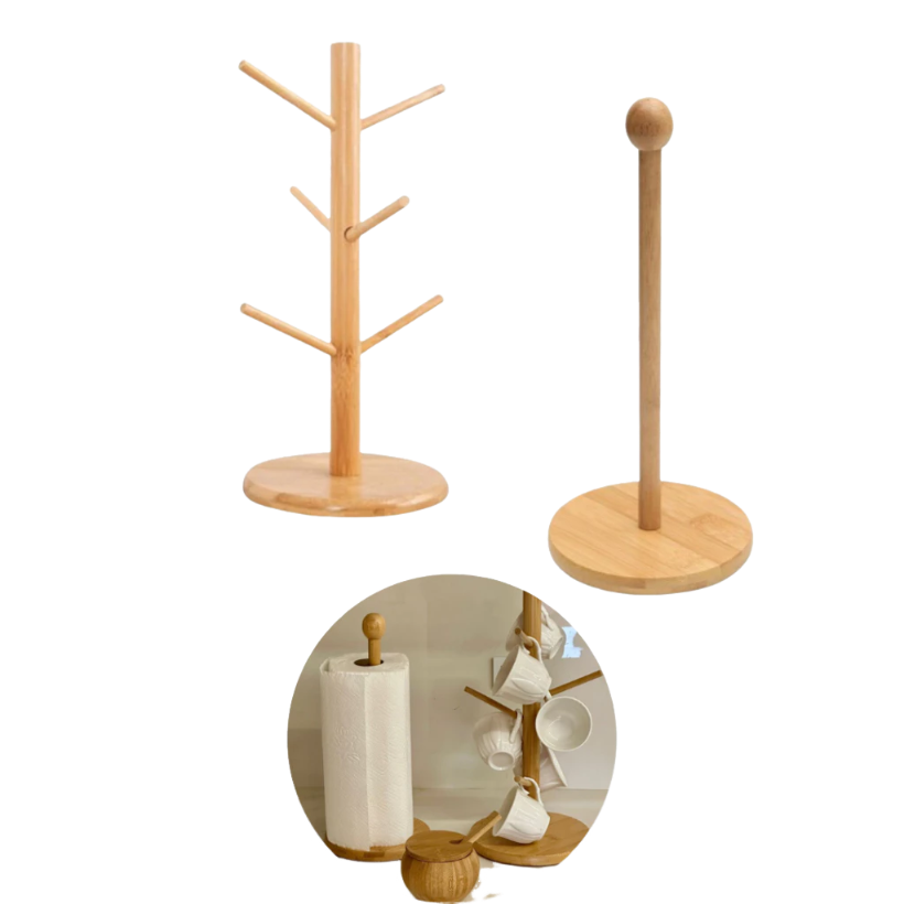 Suporte de Bambu 30cm para Papel Toalha e Xícara