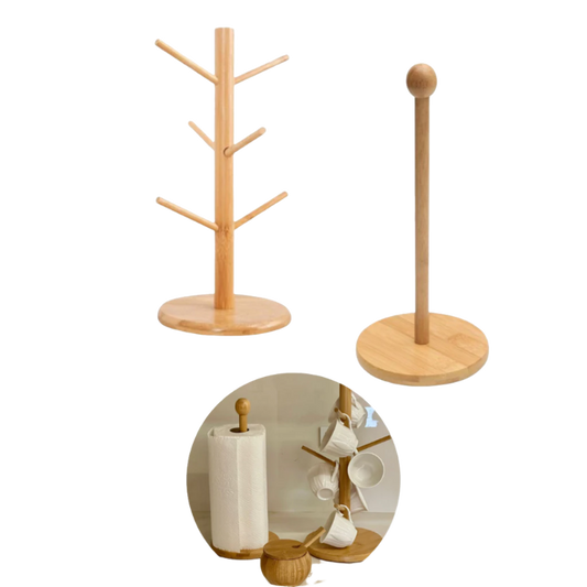 Suporte de Bambu 30cm para Papel Toalha e Xícara
