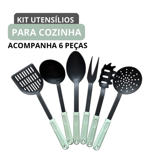 Kit Utensílios de Cozinha 6 Peças Nylon Rosa e Verde - Resistente e Funcional