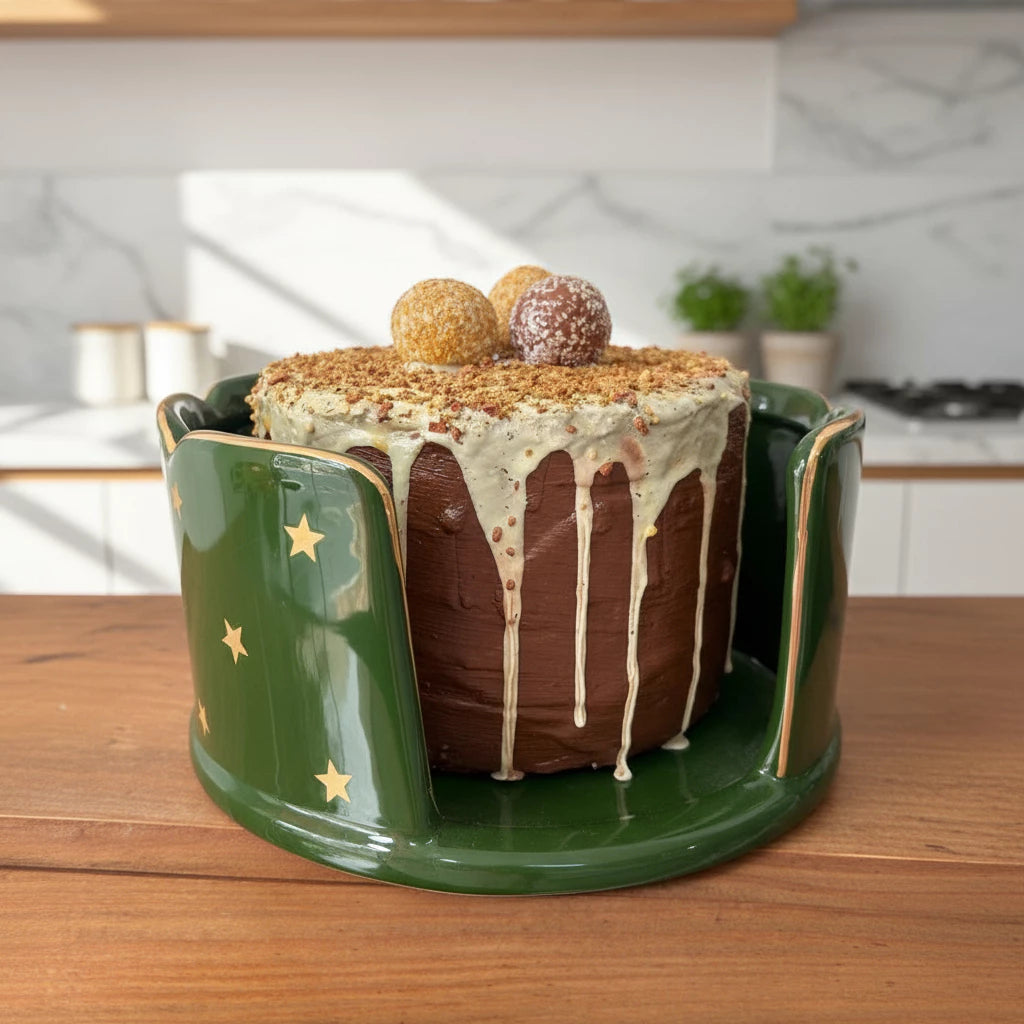 Porta Panetone Natalino em Cerâmica Verde com Filete Dourado