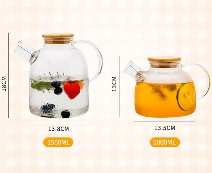 Jarra de Vidro 1,8L com Tampa de Bambu - Chaleira Hermética Resistente ao Fogo