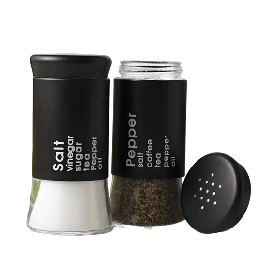 Kit Saleiro e Pimenteiro de Inox Preto com Fundo de Vidro