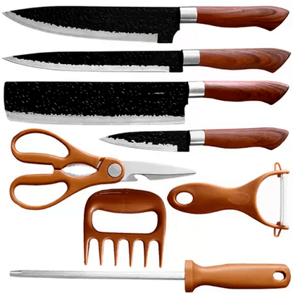 Kit de Facas para Churrasco e Cozinha com Garra e Amolador - 8 Peças em Aço Inoxidável