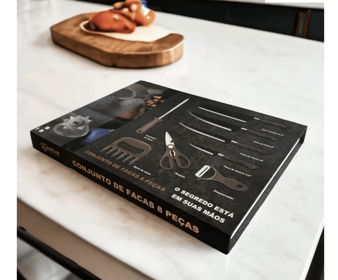 Kit de Facas para Churrasco e Cozinha com Garra e Amolador - 8 Peças em Aço Inoxidável