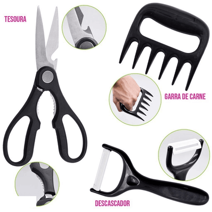 Kit de Facas para Churrasco e Cozinha com Garra e Amolador - 8 Peças em Aço Inoxidável