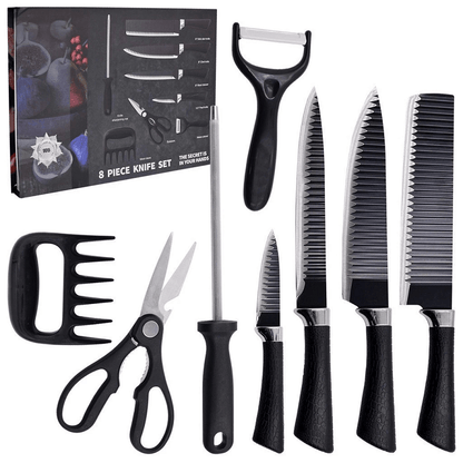 Kit de Facas para Churrasco e Cozinha com Garra e Amolador - 8 Peças em Aço Inoxidável