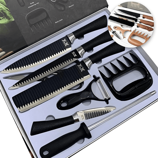 Kit de Facas para Churrasco e Cozinha com Garra e Amolador - 8 Peças em Aço Inoxidável