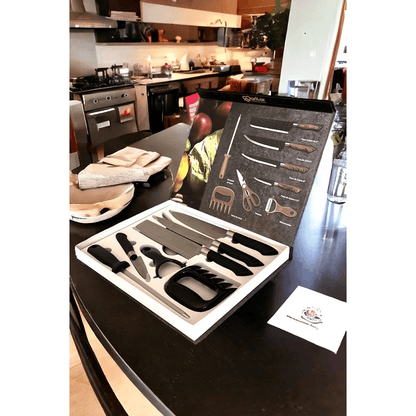 Kit de Facas para Churrasco e Cozinha com Garra e Amolador - 8 Peças em Aço Inoxidável