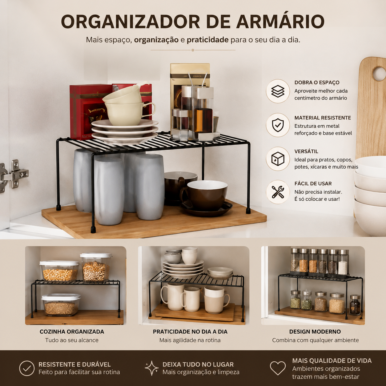 Kit Organizadores de Armário Aramado 3 Peças