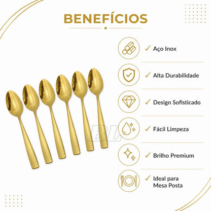 Colher para Chá Dourada Aço Inox Kit 6 ou 12 Peças
