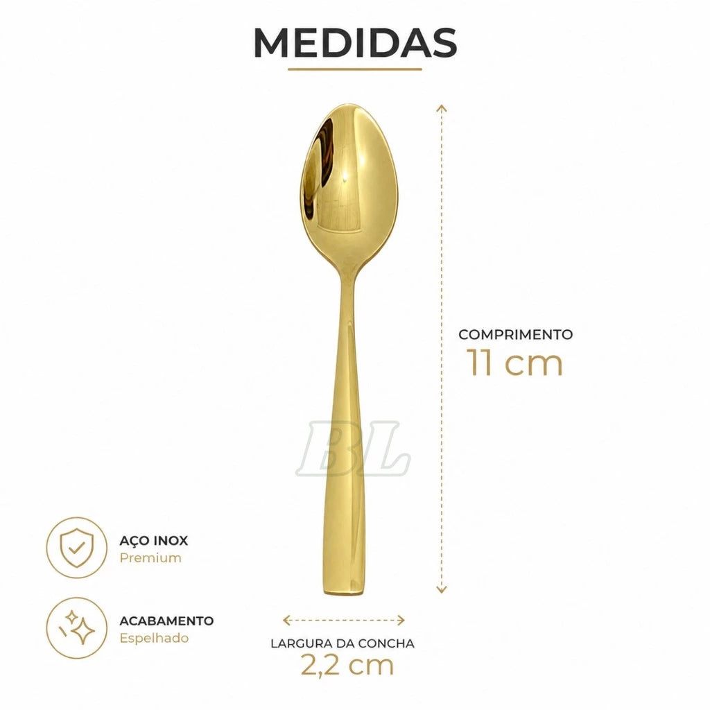 Colher para Chá Dourada Aço Inox Kit 6 ou 12 Peças