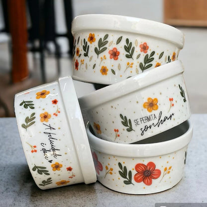 Conjunto 4 Potes Porcelana Floral Decoração 210ml