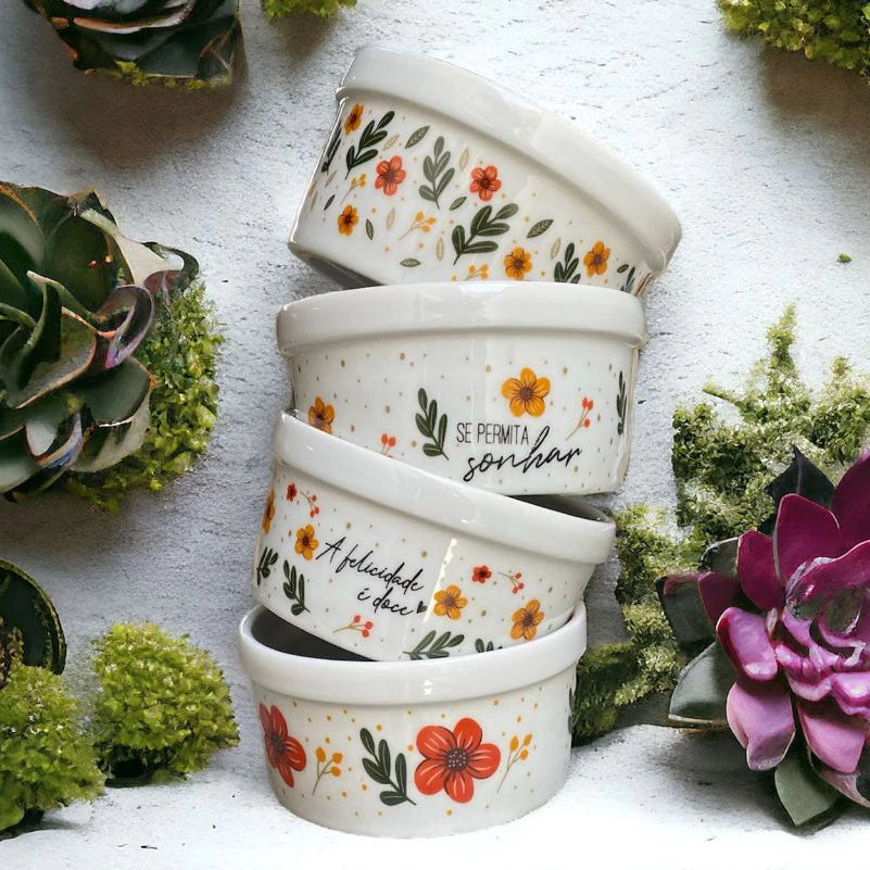 Conjunto 4 Potes Porcelana Floral Decoração 210ml
