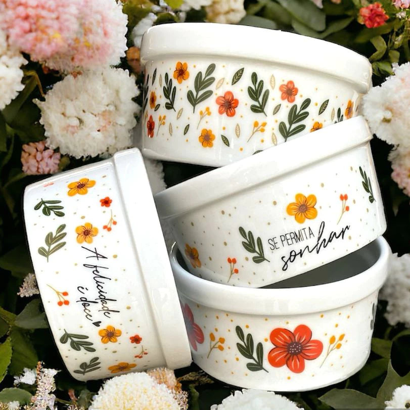 Conjunto 4 Potes Porcelana Floral Decoração 210ml