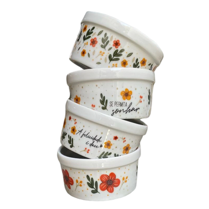 Conjunto 4 Potes Porcelana Floral Decoração 210ml