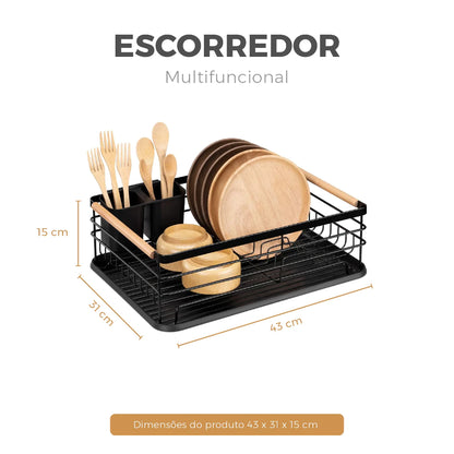 Escorredor de Louça 43x32cm - Cesto Metal e Madeira para Pratos e Talheres