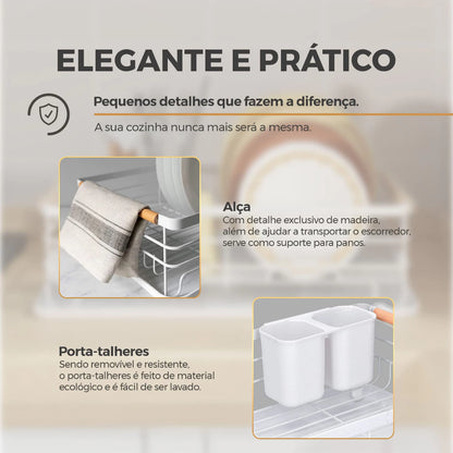 Escorredor de Louça 43x32cm - Cesto Metal e Madeira para Pratos e Talheres