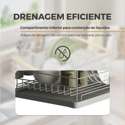Escorredor de Louça 43x32cm - Cesto Metal e Madeira para Pratos e Talheres