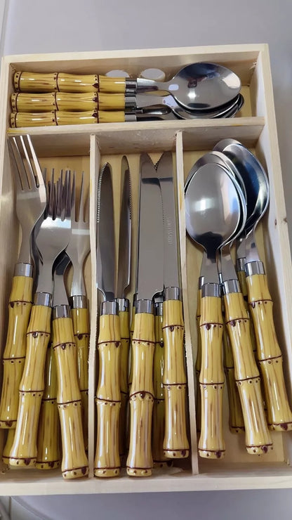 Faqueiro 24 Peças de Inox com Cabo de Bamboo para Uso Diário