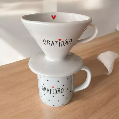 Caneca com Coador de Café em Porcelana 300ml