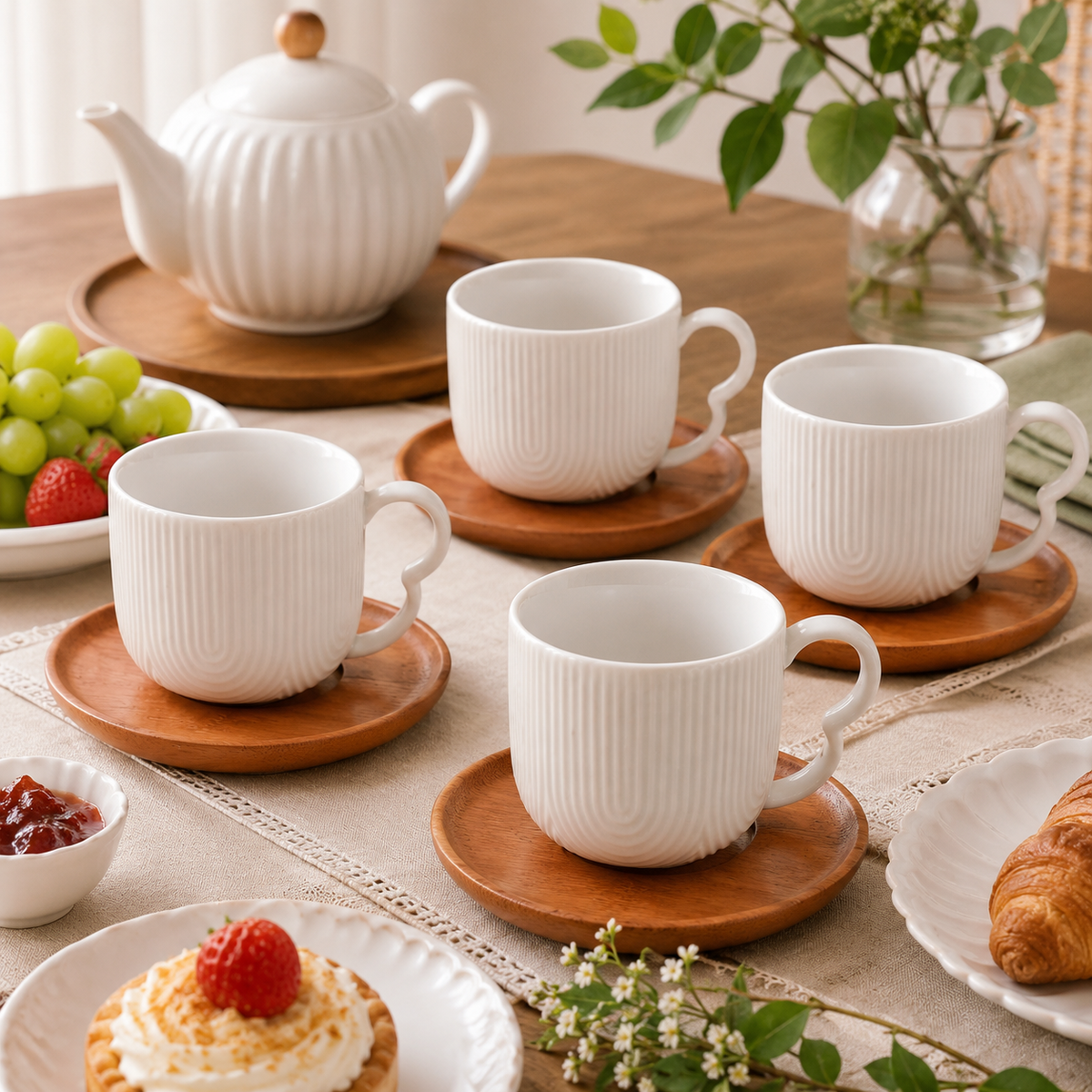 Conjunto 4 Xícaras para Café com Pires de Bambu Cerâmica 90ml