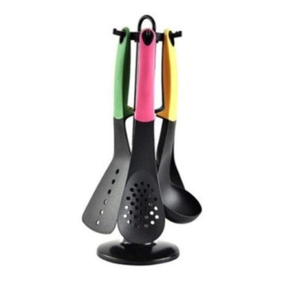 Kit 7 Utensílios de Silicone Coloridos para Cozinha com Suporte Giratório