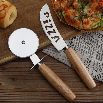 Kit Cortador de Pizza Inox com Cabo de Madeira - 2 Peças