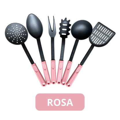 Kit Utensílios de Cozinha 6 Peças Nylon Rosa e Verde - Resistente e Funcional