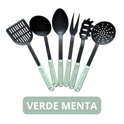 Kit Utensílios de Cozinha 6 Peças Nylon Rosa e Verde - Resistente e Funcional