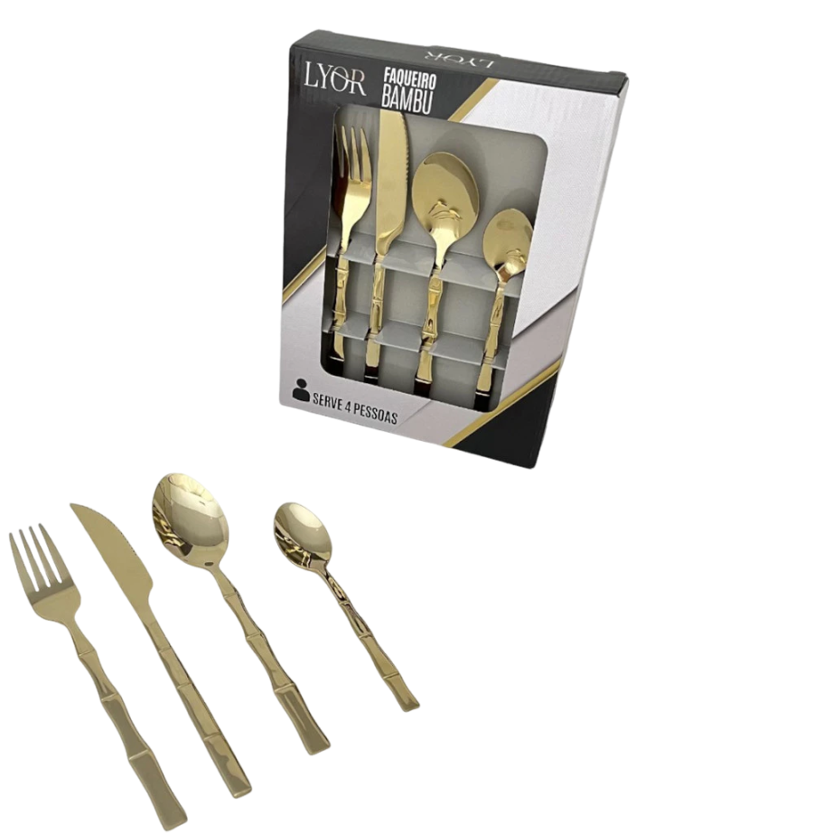 Kit Faqueiro Inox 16 Peças Lyor com Cabo Bamboo para Mesa Elegante