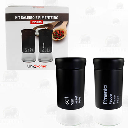 Kit Saleiro e Pimenteiro de Inox Preto com Fundo de Vidro