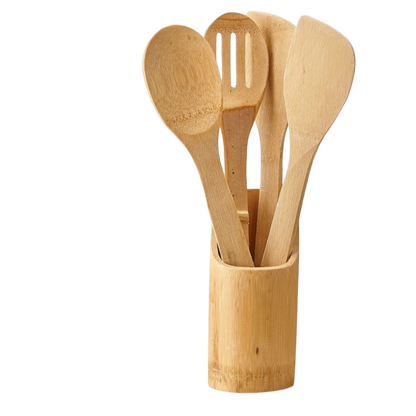 Kit de Colheres de Bambu para Cozinha com Suporte - 5 Peças