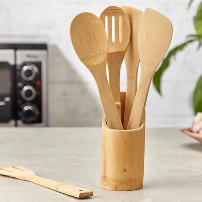Kit de Colheres de Bambu para Cozinha com Suporte - 5 Peças