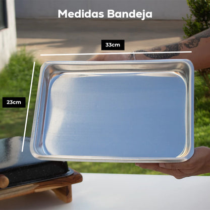 Tábua de corte preta com tampa e bandeja para churrasco