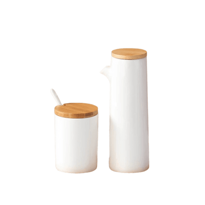 Kit Porta Mantimentos em Cerâmica com Bandeja e Colher de Bambu para Armazenamento