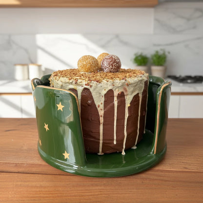Porta Panetone Natalino em Cerâmica Verde com Filete Dourado