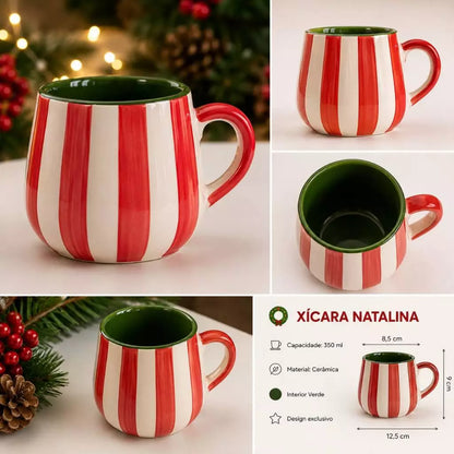 Xícara Natalina Listrada Vermelha e Branca com Interior Verde – 100 ml