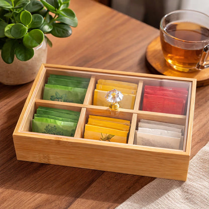 Porta Chá de Bambu com Tampa de Cristal e Divisórias