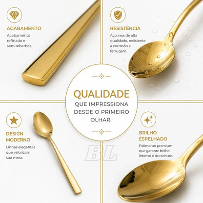 Colher para Chá Dourada Aço Inox Kit 6 ou 12 Peças