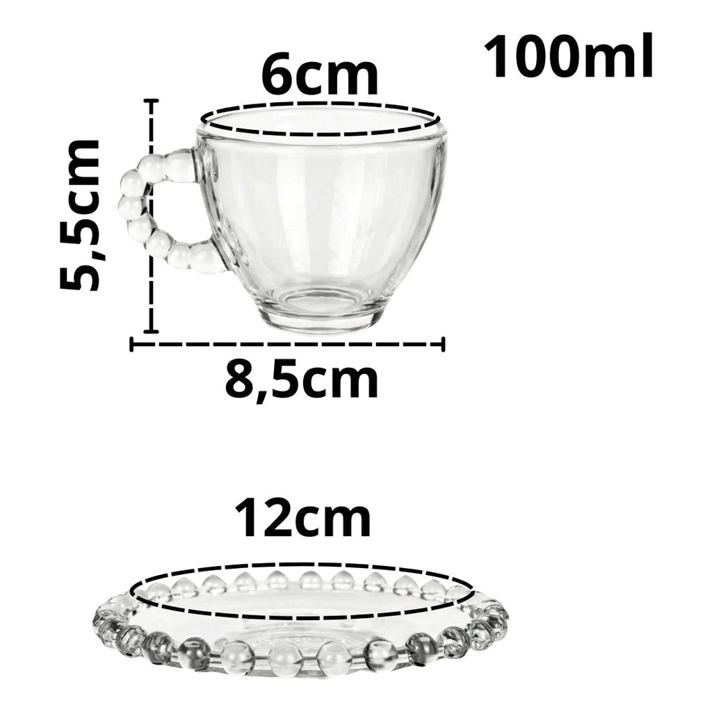 Jogo de Xícaras de Café Pérola 4 Peças com Pires 100ml Vidro Elegante