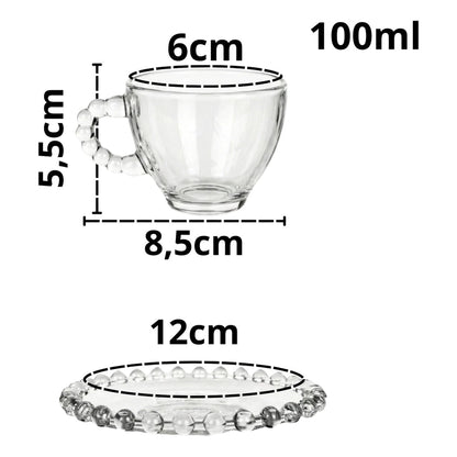 Jogo de Xícaras de Café Pérola 4 Peças com Pires 100ml Vidro Elegante